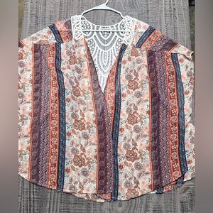 Liberty Love Floral Stripe Boho Kimono in Cream, Rust & Navyp, w Crochet Design